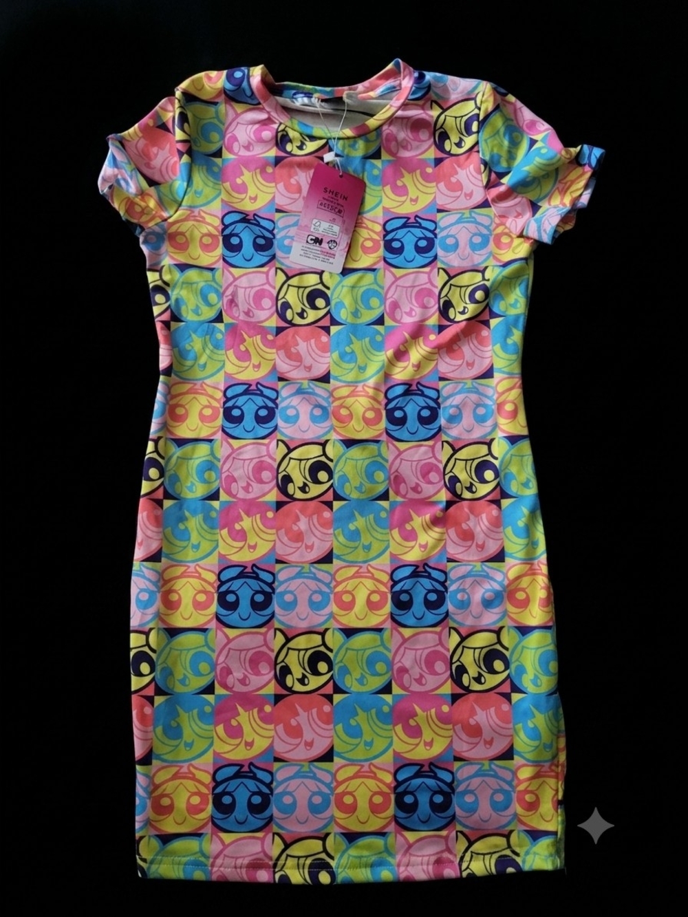 SHEIN Girls Multicolor Cartoon Block Print Short Sleeve Dress